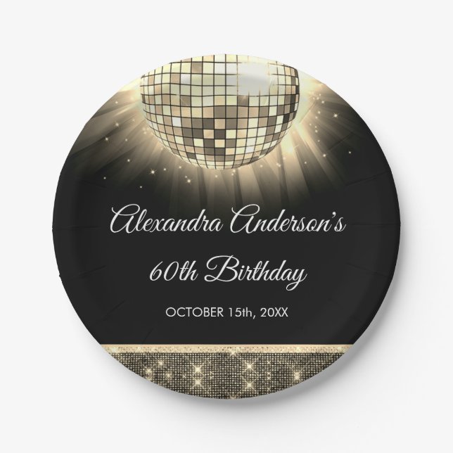 Gold 60th Birthday Party 70's Disco Ball Paper Plate (Front)