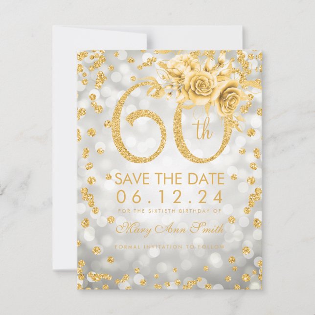 Gold 60th Birthday Silver Glam Lights  Save The Date (Front)