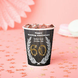 Gold 60th Wedding Anniversary, Diamond Laurel Pape Paper Cups