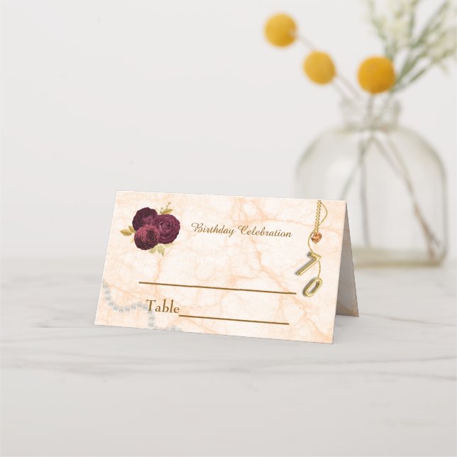 Gold 70th Birthday Celebration & English Roses Place Card (Front)