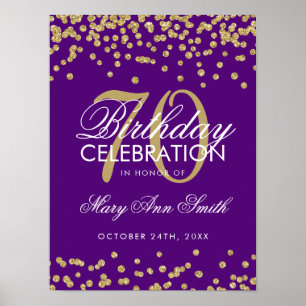 Gold 70th Birthday Glitter Confetti Purple Poster