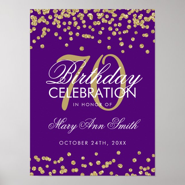 Gold 70th Birthday Glitter Confetti Purple Poster (Front)