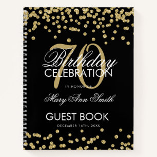 Gold 70th Birthday Guestbook Confetti Black Notebook