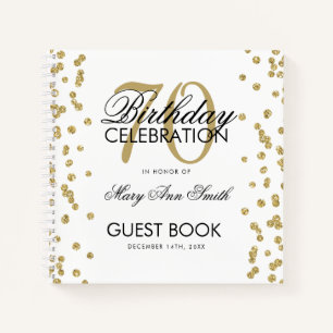 Gold 70th Birthday Guestbook Confetti White Notebook