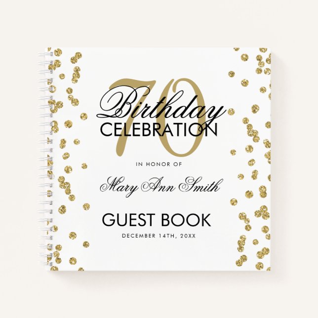Gold 70th Birthday Guestbook Confetti White Notebook (Front)