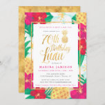 Gold 70th Birthday Luau Party Invitations<br><div class="desc">Tropical gold 70th birthday luau invitations with fun,  pretty tropical flowers and pineapples,  with gold accents. Perfect for a luau themed fiftieth birthday bash!</div>