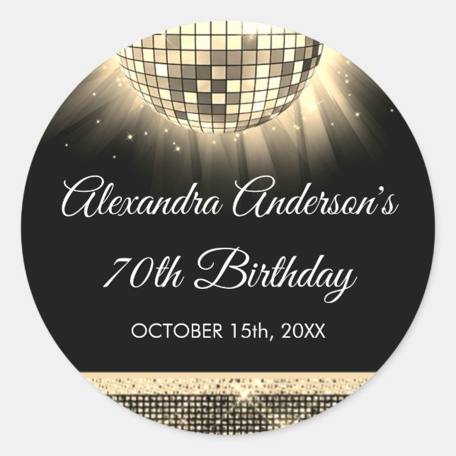 Gold 70th Birthday Party 70's Disco Ball Classic Round Sticker (Front)