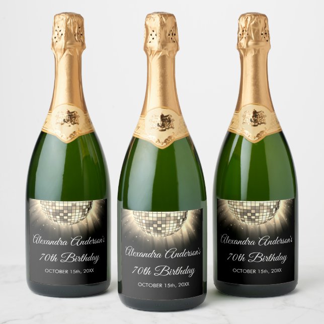 Gold 70th Birthday Party 70's Disco Ball Sparkling Wine Label (Bottles)