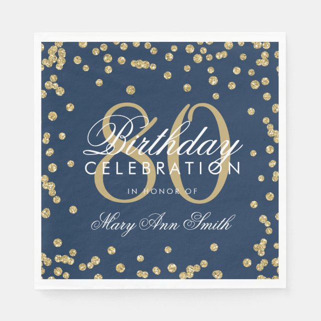 Gold 80th Birthday Glitter Confetti Navy Blue Napkin (Front)