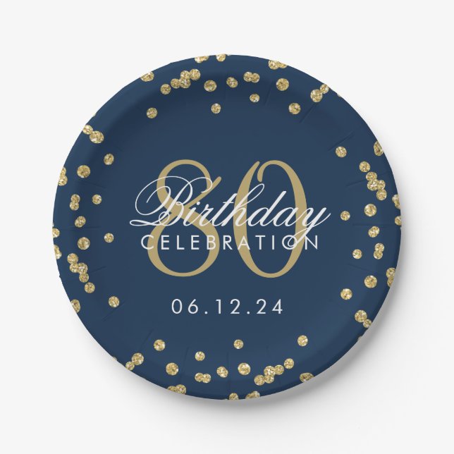 Gold 80th Birthday Glitter Confetti Navy Blue Paper Plate (Front)