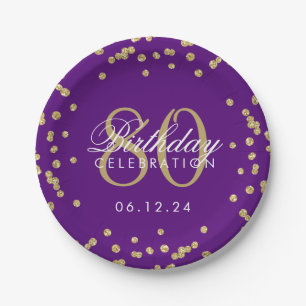Gold 80th Birthday Glitter Confetti Purple Paper Plate