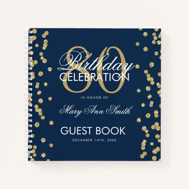 Gold 80th Birthday Guestbook Confetti Navy Blue Notebook (Front)