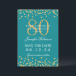 Gold 80th Birthday Save Date Confetti Turquoise Invitation<br><div class="desc">Elegant "80th Birthday Party" design with faux glitter confetti and details text. Easy to use and easy to personalize. Order Today!</div>
