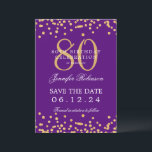 Gold 80th Birthday Save the Date Confetti Purple  Invitation<br><div class="desc">Elegant "80th Birthday Party" design with faux glitter confetti and details text. Easy to use and easy to personalize. Order Today!</div>