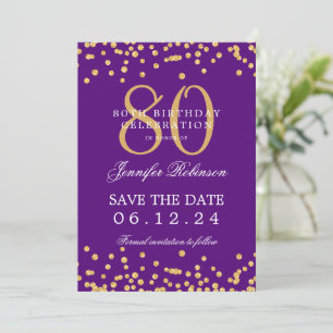 Gold 80th Birthday Save the Date Confetti Purple  Invitation