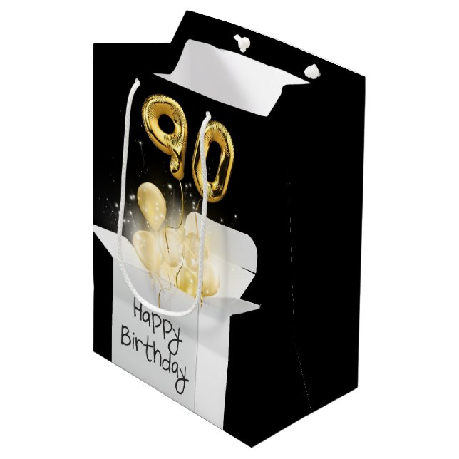 Gold 90th Birthday Balloons in Box Medium Gift Bag (Front Angled)