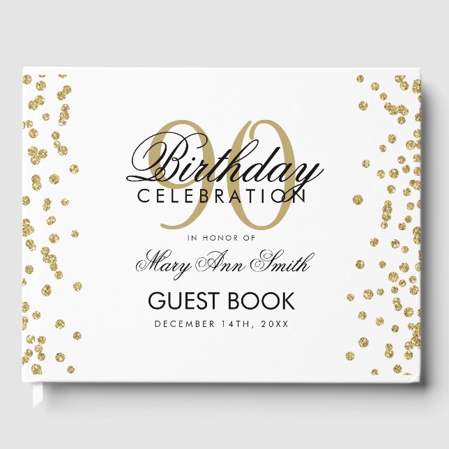 Gold 90th Birthday Glitter Confetti Guest Book (Front)