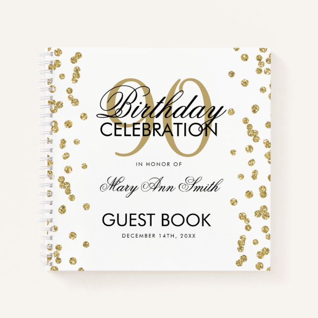 Gold 90th Birthday Guestbook Confetti Notebook (Front)