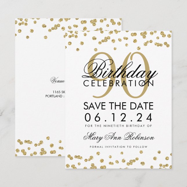 Gold 90th Birthday Save Date Confetti Invitation (Front/Back)