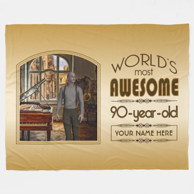 Gold 90th Birthday World’s Best Custom Photo Frame Fleece Blanket (Front (Horizontal))