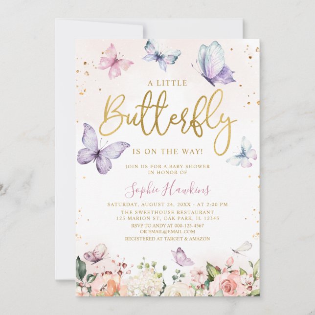 Gold A Little Butterfly Is On Her Way Baby Shower Invitation (Front)
