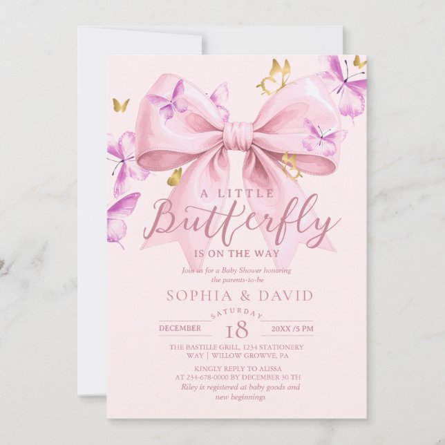 Gold A Little Butterfly  Pink Bow Baby Shower  Invitation (Front)