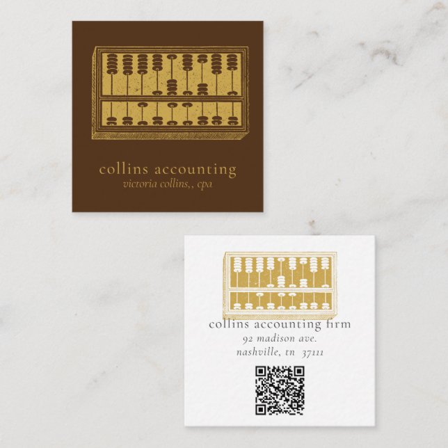 Gold Abacus QR Code Brown Square Biz Card (Front/Back)