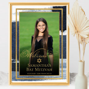Gold Abstract Blue Bat Mitzvah Photo Welcome Sign