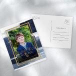 Gold Abstract Blue Photo Bar Mitzvah Save the Date Postcard<br><div class="desc">Discover the exquisite fusion of abstract design and cultural significance in this Abstract Blue Gilded Photo Bar Mitzvah Foil Save the Date Postcard. With an intricate, artistic design inspired by the beauty of Judaic heritage, this Announcement will set the stage for an unforgettable celebration that blends the best of the...</div>