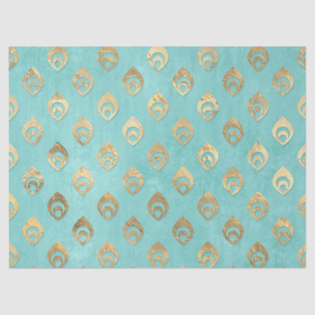 Gold Abstract Droplets on Aqua Decoupage Tissue Paper (Front)
