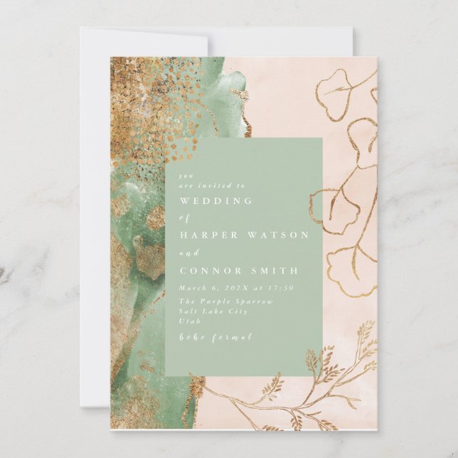 Gold Abstract Eucalyptus Modern Greenery Wedding Invitation (Front)