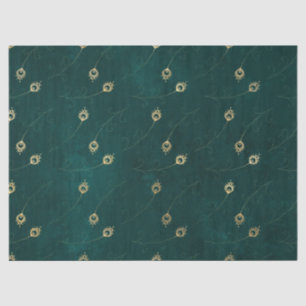 Gold Abstract Eye of Peacock Feathers on Green Tissue Paper