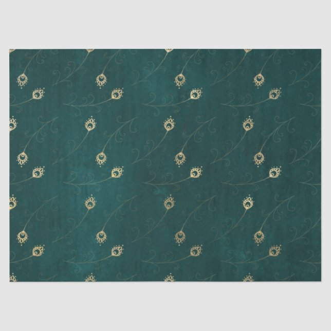 Gold Abstract Eye of Peacock Feathers on Green Tissue Paper (Front)
