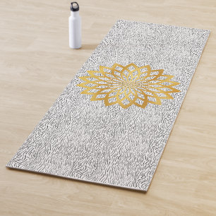 Gold Abstract Lotus Flower on Black Waves Pattern Yoga Mat