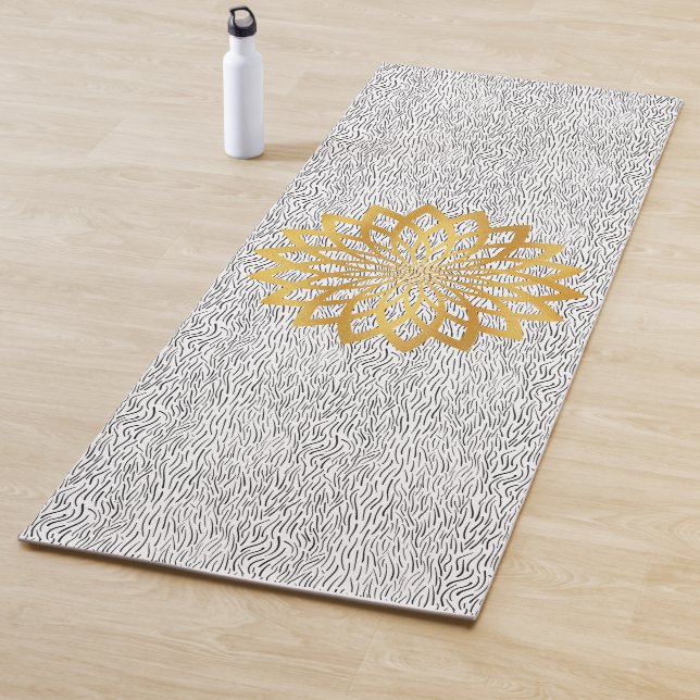 Gold Abstract Lotus Flower on Black Waves Pattern Yoga Mat (In Situ)