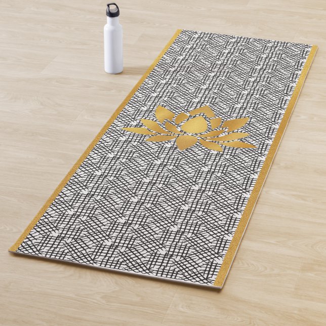 Gold Abstract Lotus Silhouette on Black Pattern Yoga Mat (In Situ)
