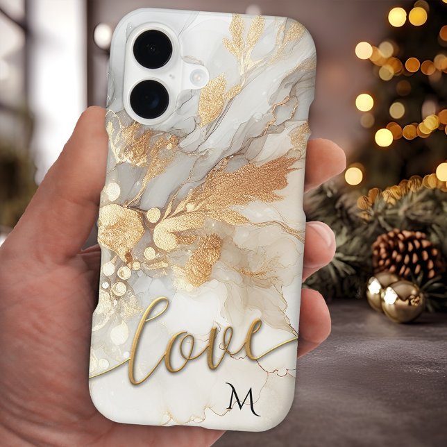 Gold Abstract Love Script Phone Case (Phone case featuring an original painting in gold and ivory with monogram and script love text)