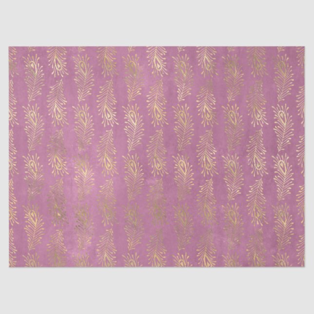 Gold Abstract Peacock Feathers on Pink Decoupage Tissue Paper (Front)
