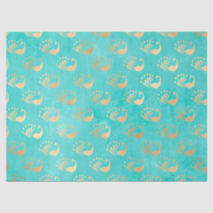 Gold Abstract Peacocks on Aqua Decoupage Tissue Paper