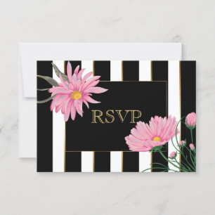 Gold Accent Black Stripes Pink Daisies RSVP