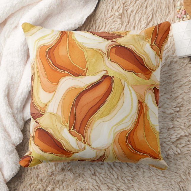 Gold Accented Fluid Art - Sienna Marble (11) Throw Pillow (Blanket)
