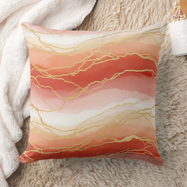 Gold Accented Fluid Art - Sienna Marble (2) Throw Pillow (Blanket)