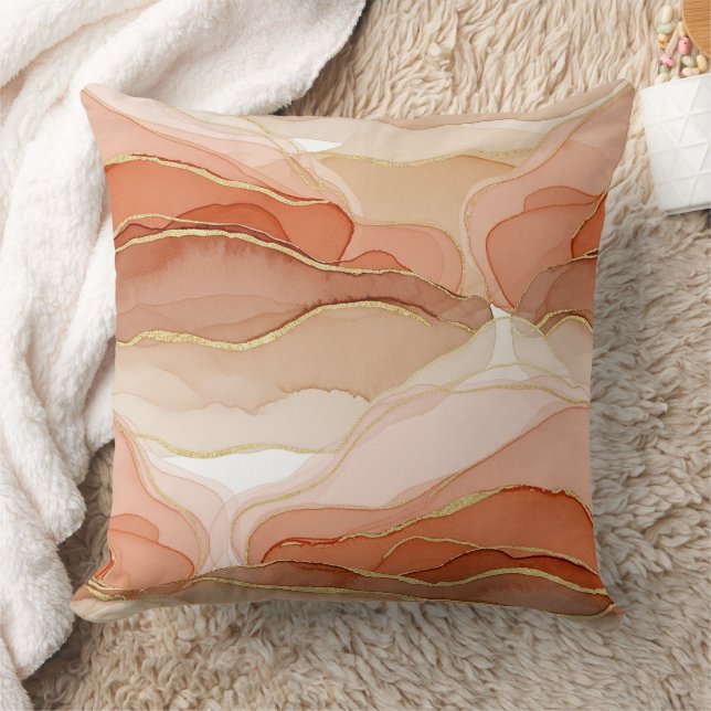 Gold Accented Fluid Art - Sienna Marble Throw Pillow (Blanket)