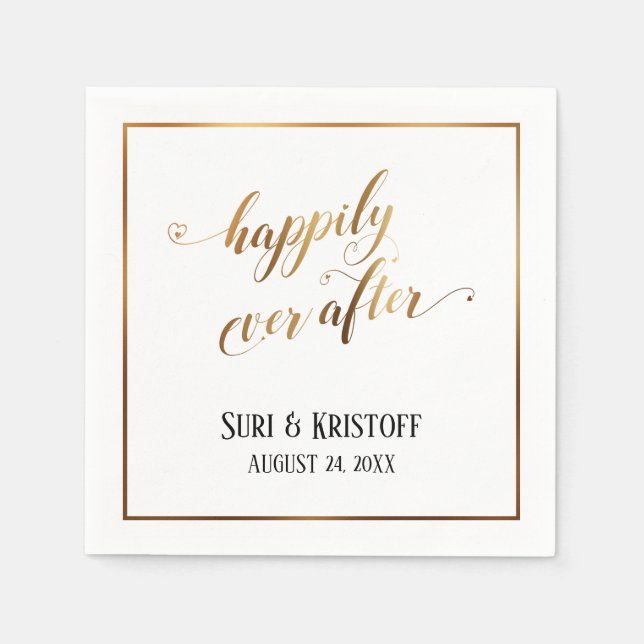 Gold Accents Happily Ever After, Hearts Script Napkin (Front)