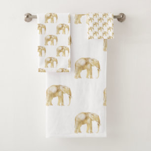 GOLD AFRICAN ELEPHANT WHITE BATHROOM TOWEL SET