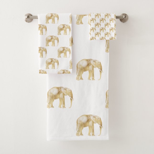 GOLD AFRICAN ELEPHANT WHITE BATHROOM TOWEL SET (Insitu)