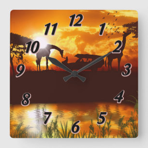 Gold African Sky Safari Jungle Square Wall Clock