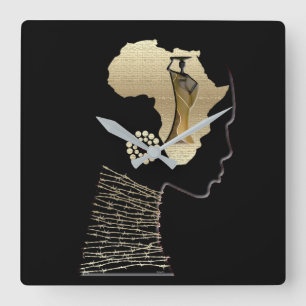 Gold Afrocentric Portrait Africa Symbol Square Wall Clock