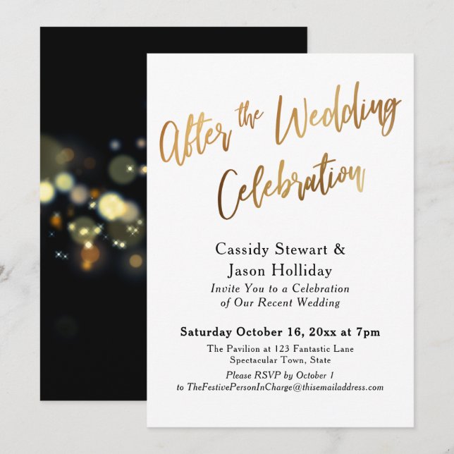 Gold After the Wedding Celebration, Bokeh Black Invitation (Front/Back)