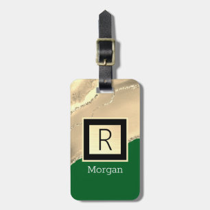Gold Agare, White Name & Black Monogram, Green  Luggage Tag